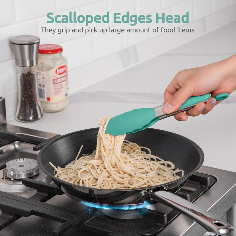 600ºF Heat Resistant Kitchen Tong: U-Taste 7in Silicone Cooking Tong with Firm Sealed Non Stick Rubber Tips & Silicon Coated 18/8 Stainless Steel Handle & Smooth Locking for Serving Salad (Aqua Sky)