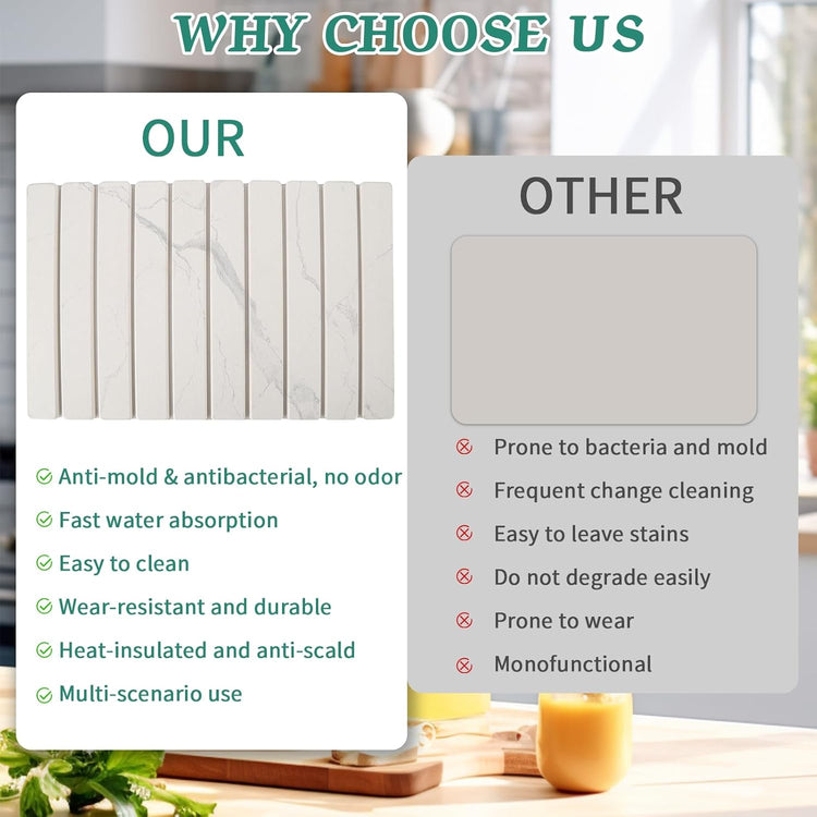 Stone Dish Drying Mat for Kitchen Counter, 24''×15'' White Marble Dishes Drying Matt Kitchen Counter, Absorbent Diatomaceous Earth Bath Quick Dry Mats for Tableware, Bottles and Cup