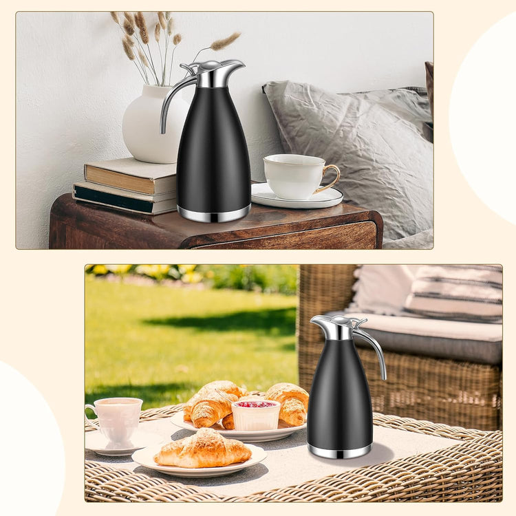 Uiifan 2 Pcs 68 oz Thermal Coffee Carafe Insulated Stainless Steel Coffee Carafe for Hot Liquids Vacuum Thermal Pot Creamer Dispenser with Brushes Keeping Hot Tea Milk Water(Black)