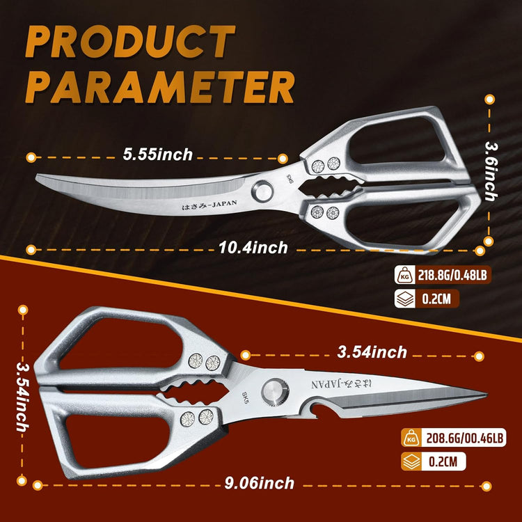 HUUSK Kitchen Scissors Set Silver - Stainless Steel Kitchen Shear, Sharp Meat Scissors Dishwasher Safe, Heavy Duty Poultry Shears, Japanese Cooking Scissor for Food, Chicken Bones, and Turkey