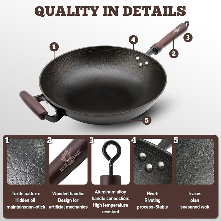 HONGJIANG Cast Iron Wok Pan, 13.4" Pre-Seasoned Flat Bottom Wok,Coating-Free Wok Stir Fry Pan With Glass Lid,Compatible Traditional Chinese Wok For Induction, Electric, Gas,Open Fire
