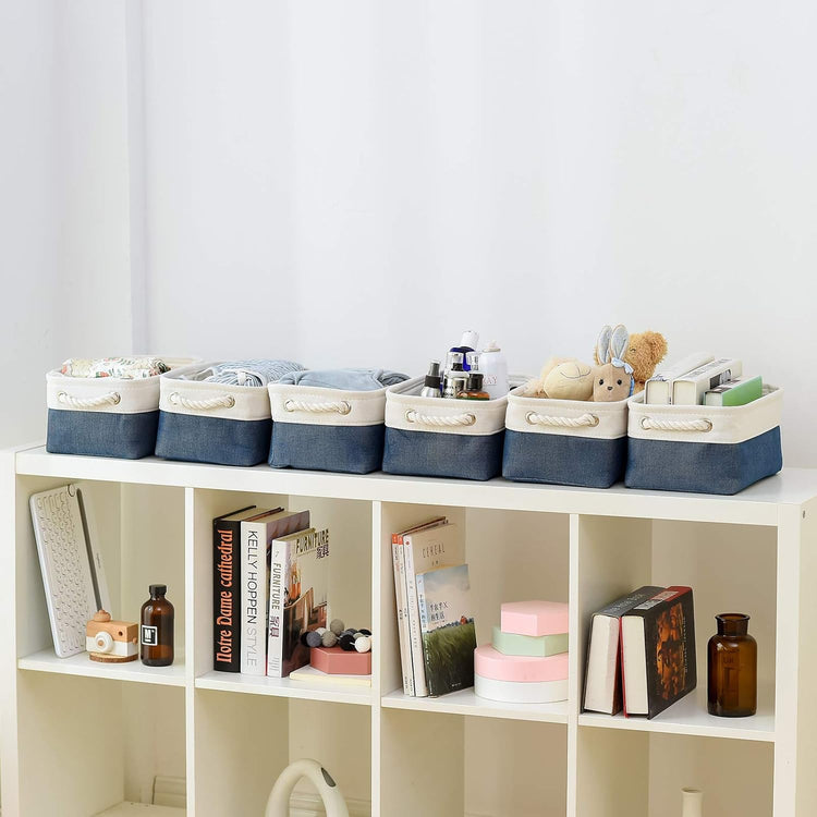 Storage Basket for Organizing - 12x8x5.2 inch Small 6 Pack Fabric Storage Bin Collapsible Baskets for Shelves with Rope, Storage Box for Cloth Decorative Laundry Canvas(White & Blue)