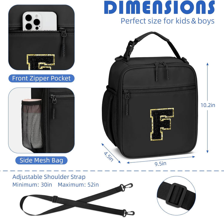 Initial Insulated Lunch Bag for Boys Kids, Back to School Gift, Reusable Leak-proof Lunch Box with Adjustable Strap for School Daycare Travel Picnic(Black,F)