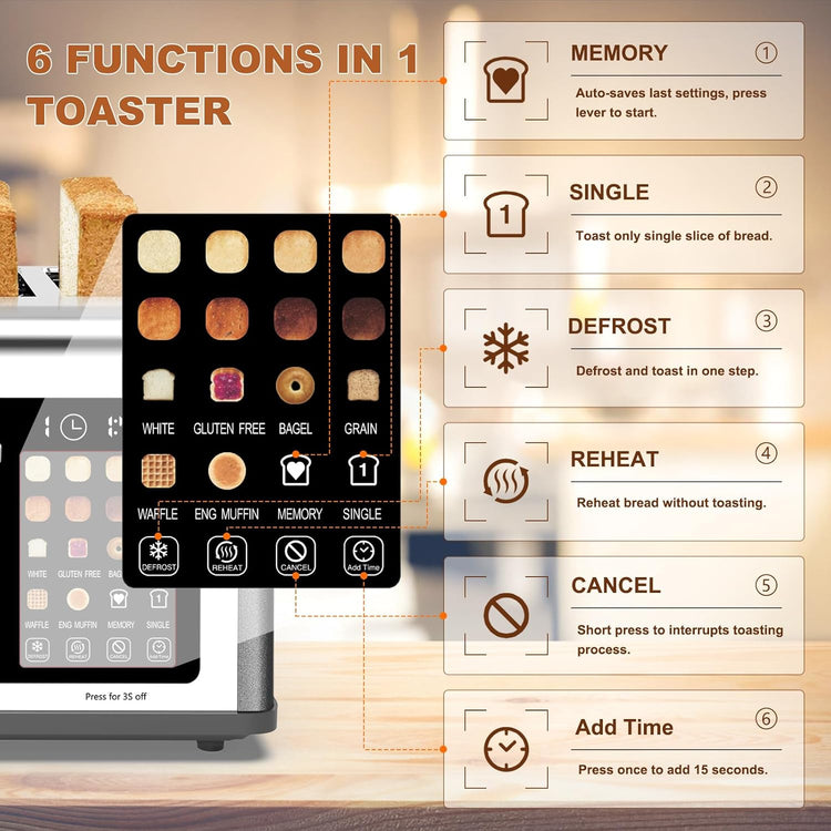 4 Slice Toaster Touch Screen, Stainless Steel Toasters Digital Timer, Dual Control Panel Toasters, 8 Shade Settings 6 Bread Types for Bagel, Cancel, Defrost 1650W Grey