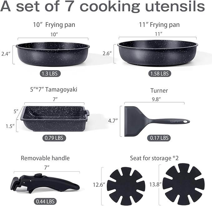 GiPP Ceramic Pots and Pans Set Non Stick, Nonstick Detachable Handle Cookware Sets, Non Toxic Induction Kitchen Pot and Pan with Removable Handle, Healthy RV Cookware, Dishwasher &Oven Safe, 7 Piece