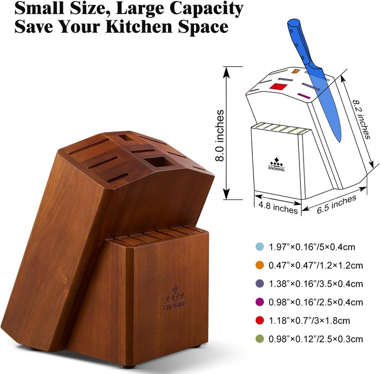 ENOKING 15 Slots Universal Knife Block, Acacia Wood Knife Block without Knives, Knife Holder for Kitchen Counter- Wider Angled Openings for Keeping Knives Sharp