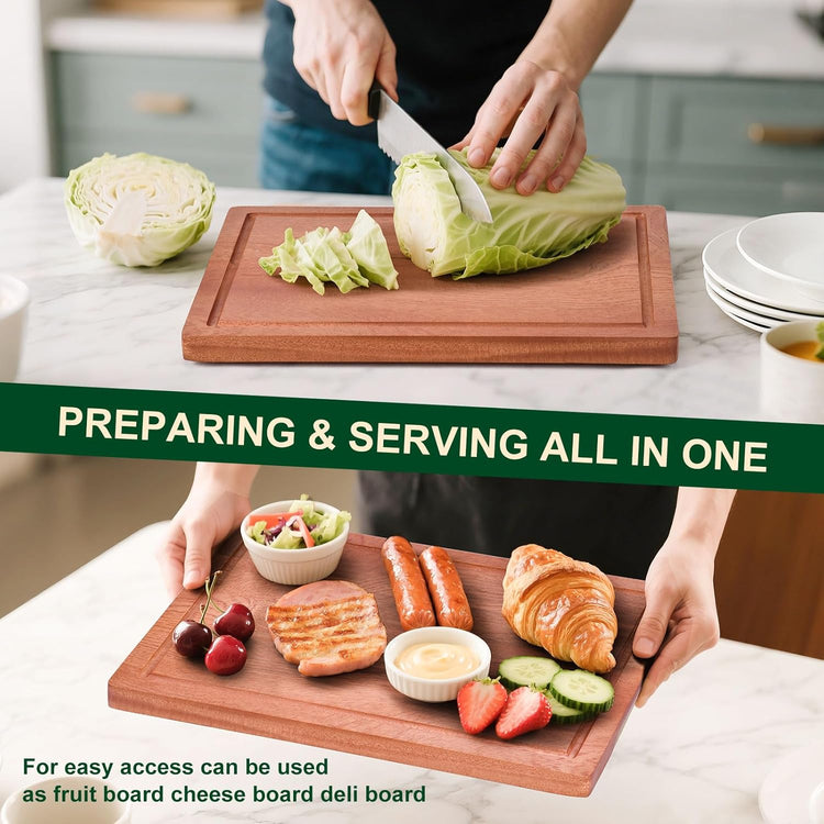Wooden Cutting Board Set of 4 with Holder Non Toxic Solid Sapele Wood Chopping Boards for Kitchen with Juice Grooves Thick Large Cutting Board (9x7 to 16x12 In) for Meat Vegetables Cheese (Brown)
