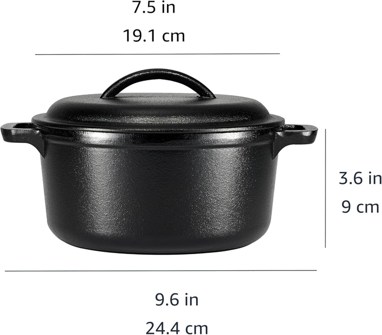 Amazon Basics Round Pre-Seasoned Cast Iron Mini Dutch Oven Pot with Lid and Dual Handles, 2-Quart, Black - Nestoria