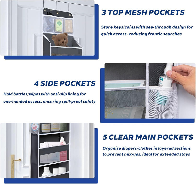Over The Door Organizer - 6 Capacity Large Pockets & 7 Mesh Compartments, Anti-Tilt Design Holds 44 lbs, for Bathroom, Nursery, Dorm, Pantry & Laundry Storage (Deep Grey)