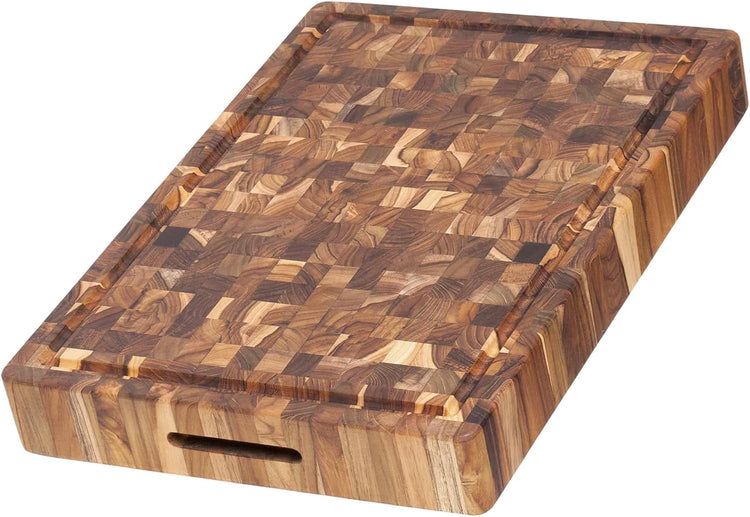 Teakhaus Butcher Block Carving Board - Large Extra Thick Cutting Board with Juice Groove and Grip Handles - Teak End Grain Wood - Knife Friendly - FSC Certified