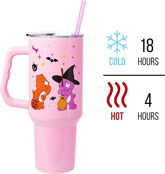 Silver Buffalo Care Bears Featuring Harmony Bear, Cheer, Share Bear, and Trick-or-Sweet Halloween Double Walled Stainless Steel Tumbler with Handle and Straw, Fits in Standard Cup Holder, 40 Ounces