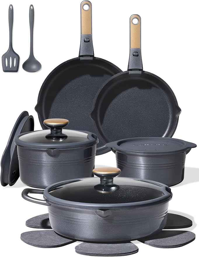 CAROTE 17Pcs Titanium Pots and Pans Set, Cookware Set Nonstick, Kitchen Cooking Set with Detachable Handle, RV/Camping Cookware, Dishwasher/Oven Safe, Grey