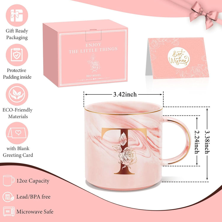 Personalized Gifts for Women Coffee Mug, Initial Customized Gift Monogrammed A-Z Coffee Mug 12 OZ, Christmas Anniversary Birthday Gifts for Women Mom Grandma Friend Sister Wife (T)