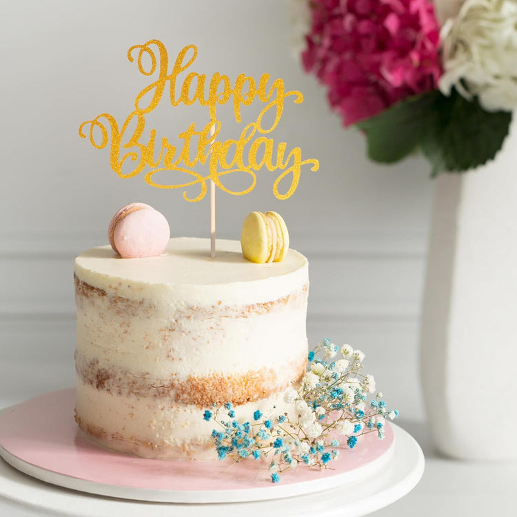 Happy Birthday Cake Toppers 9 Inch Glitter Happy Birthday Cake Pick for Birthday Anniversary Theme Party Cake Decorations Supplies - Gold