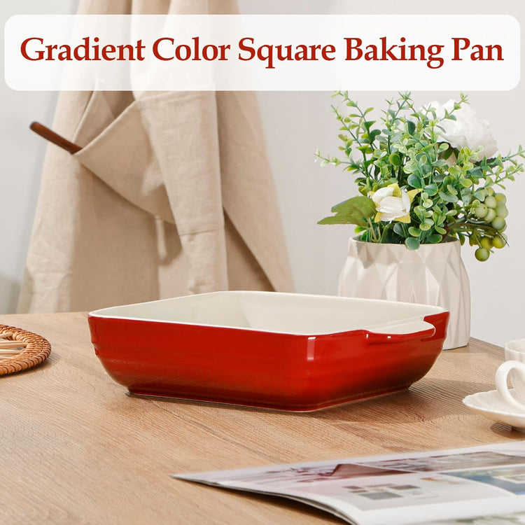 NUTRIUPS 8x8x2.4 inch Square Baking Dish, 50 Oz /1.6 Qt Ceramic Baking Pan with Handles, Casserole Dish for Oven, Porcelain Bakeware (Gradient Red)