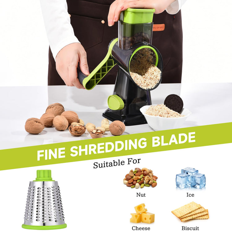 Rotary Cheese Grater with Handle Kitchen Shredder Slicer Grater Slicer Ice Shaver Cheese Vegetable Nuts Potato Zucchini Chocolate 3 Interchangeable Blades