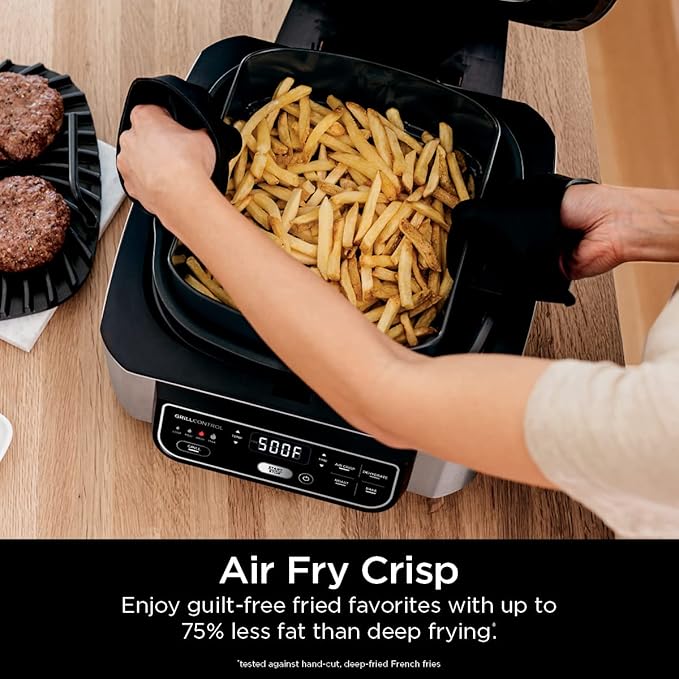 Ninja | Indoor Grill | Foodi | 5-in-1 (Grill, Air Fry, Roast, Bake, and Dehydrate | Fits up to 3lb Roast | Smoke Control System and Dishwasher Safe Parts| Black/Grey | AG301