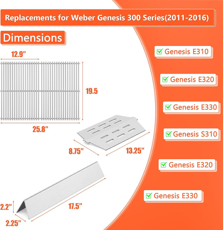 Grill Parts for Weber Genesis 300 Series, 19.5âGrill Grates & Flavorizer Bars, Heat Deflector for Weber E/S310, 320, 330 with Front Control Knobs, Replacement for Weber 7528, 7524, 7620, 7622, 65505