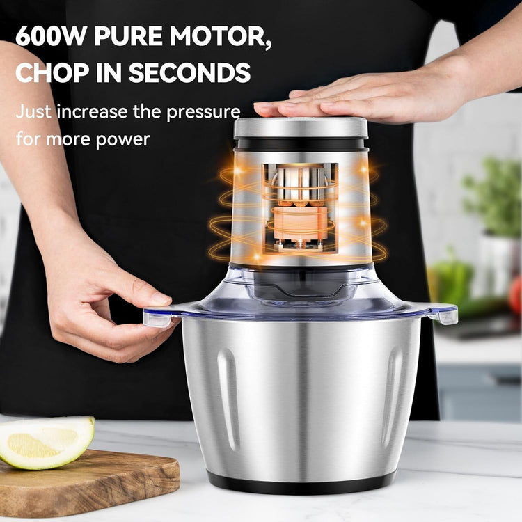 LINKChef Food Chopper, 8 Cup Food Processor Mini Electric, 2L 600W Meat Grinder with 4 Bi-Level Blades, Stainless Steel Mincer for Kitchen, Vegetable, Onion, Garlic, Salad, Baby Food, Fruit, Nuts