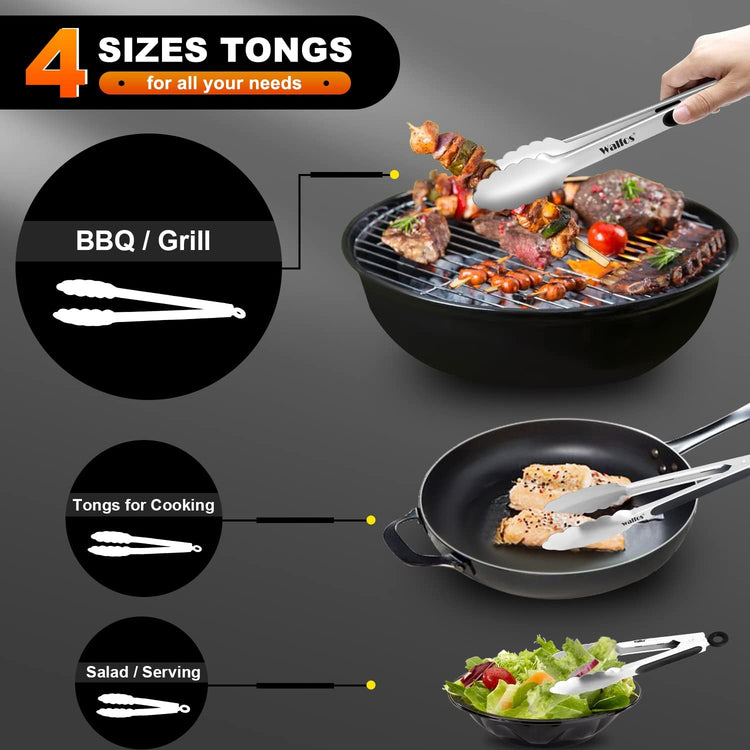 Walfos Stainless Steel Kitchen Tongs for Cooking, BBQ - 7 ,9, 12 and 14 Inch,Set of 4 Heavy Duty Locking Metal Food Tongs Non-Slip Grip