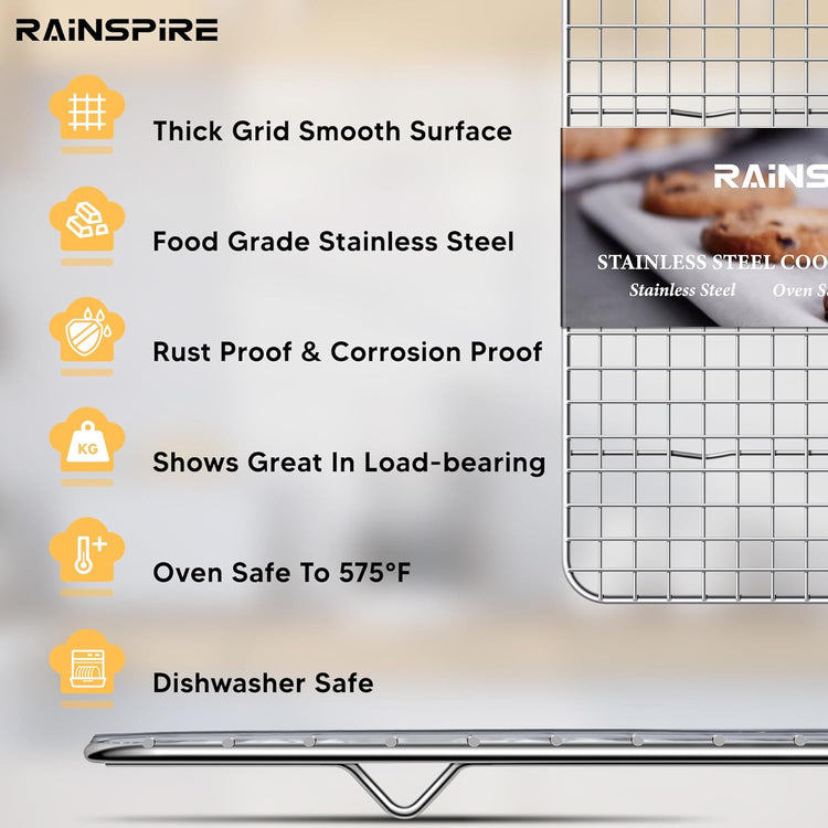 Rainspire Cooling Rack Stainless Steel, Heavy Duty Cooling Racks for Cooking and Baking, Oven Safe Wire Rack for Cooking, Baking Rack for Oven Cooking Fits Quarter Sheet Pan, 8.5" x 12", 2-Pack