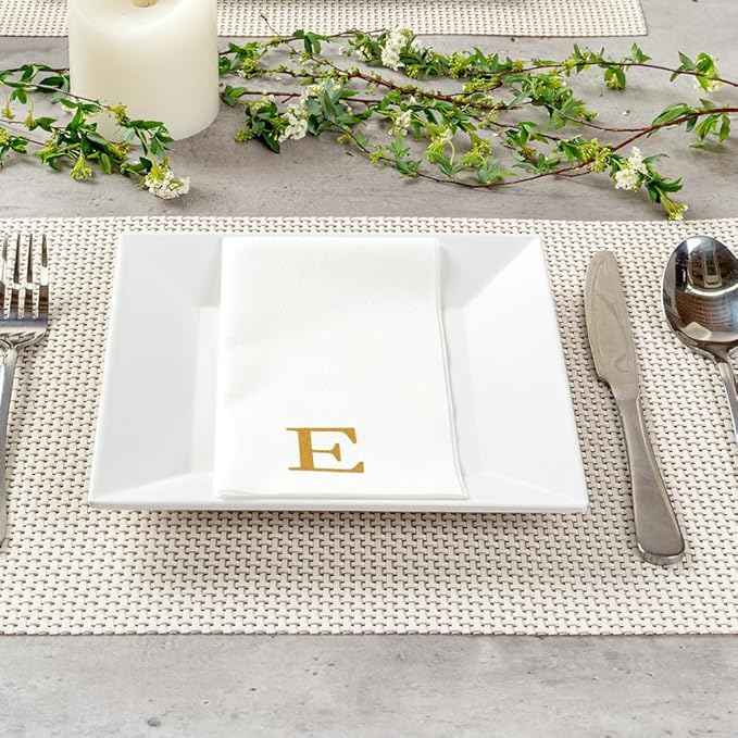 Luxenap 15.8 X 7.9 Inch Linen-Feel Guest Towels, 50 Lettered Hand Towels - Gold Letter 'E', Sans Serif Font, White Paper Dinner Napkins, airlaid, For Restrooms And Tables - Restaurantware