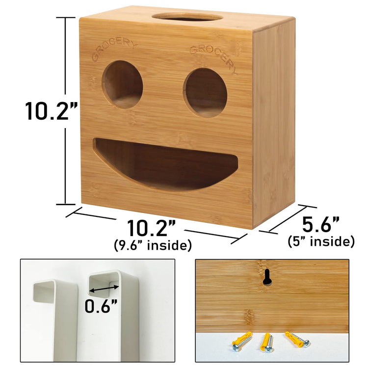 2-in-1 Trash Bag Dispenser & Grocery Bag Holder with Cute Smiley Face Design, Bamboo Organizer for Cabinet Door & Wall Mount, Decorative Waste Bag Storage for Standard Rolls, Not for XL Rolls