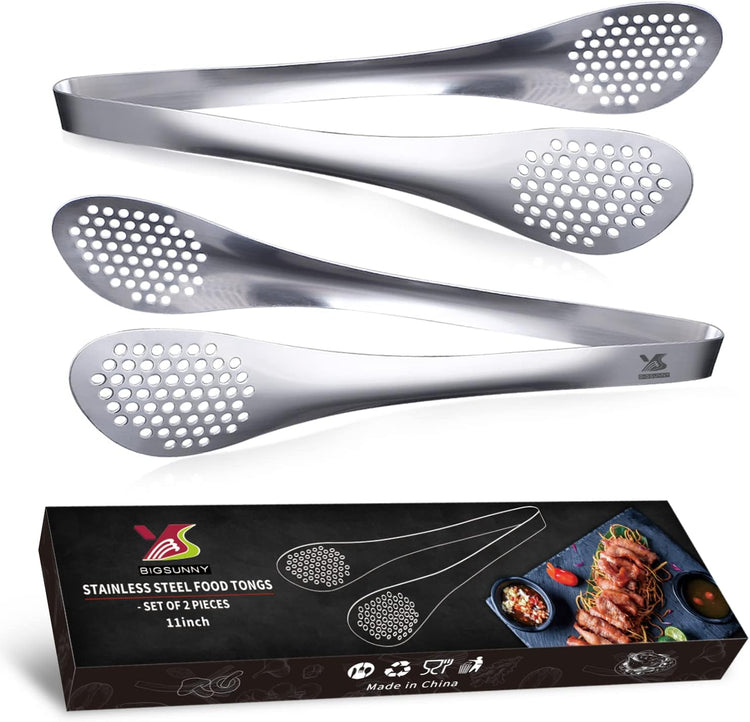 MSY BIGSUNNY 11Inch Kitchen Cooking Food Tongs Stainless Steel Buffet Tongs (silver, 2 pack)