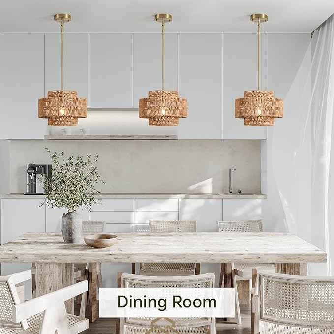 12.4” Boho Rattan Chandelier Light Fixture, 1-Light Hand Woven Pendant Light Fixture Farmhouse Rustic Hanging Lamp for Kitchen Island Bedroom, Dining Room, Living Room, Entryway, Foyer