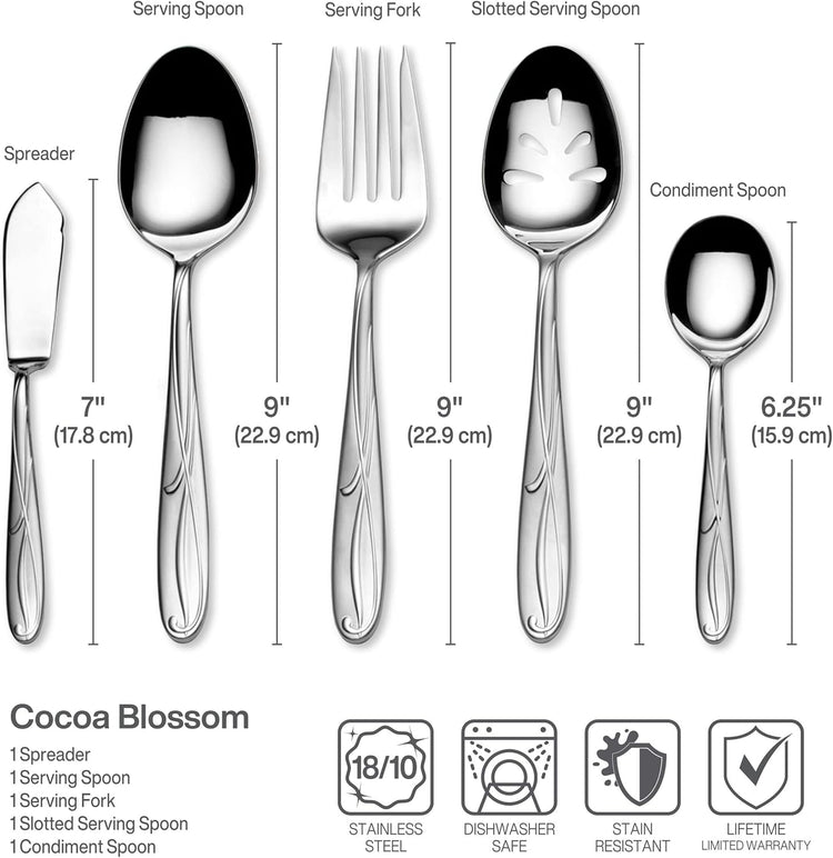 Mikasa Cocoa Blossom 65-Piece Flatware Set for 12, 18/10 Stainless Steel Silverware with Full Service and Serving Utensils, Elegant Floral Design