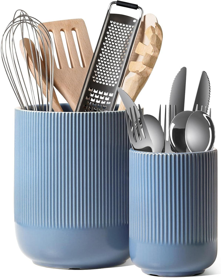 LE TAUCI Utensil Holder, 7.3"+5.4" Ceramic Kitchen Utensil Holder for Countertop, Large Cooking Utensil Crocks for Kitchen Counter, Morden Utensil Organizer for Spatula, Set of 2, Dusty Blue
