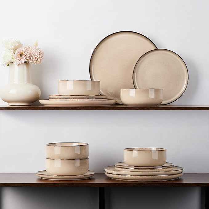 E-far 18-Piece Dinnerware Sets, Stoneware Plates and Bowls Set for 6, Reactive Glaze Dinning Ware Dishes, Microwave & Dishwasher Safe - Sandy Beige