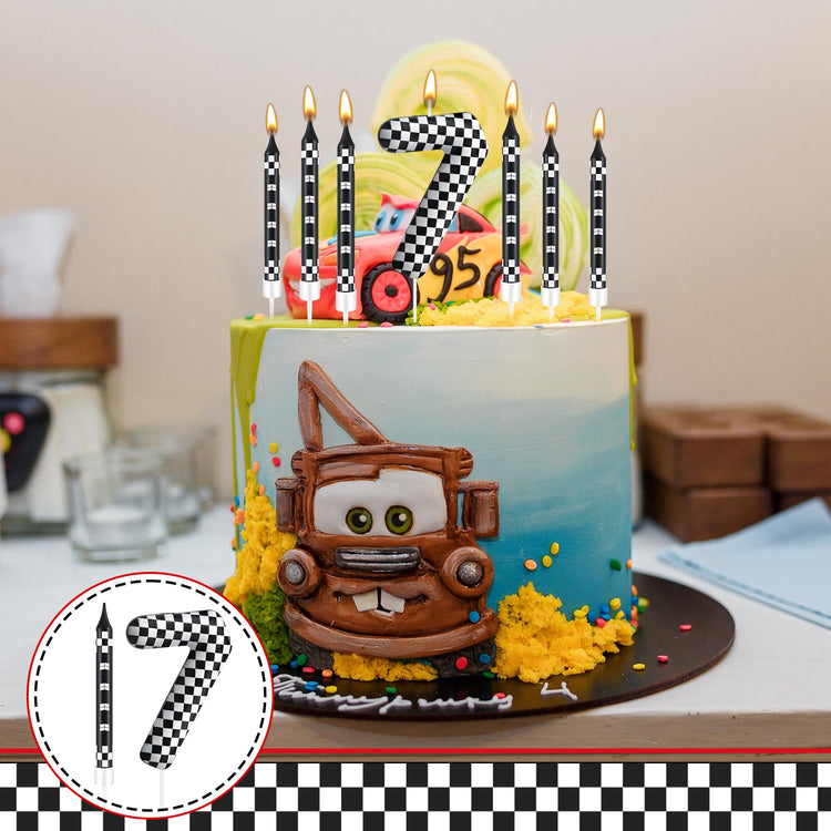 13 Pcs Racing Cars Themed Birthday Candles Black and White Race Number 7 Checkered Candle Cake Topper for Racing Car Party Decoration Supplies (13 Count)