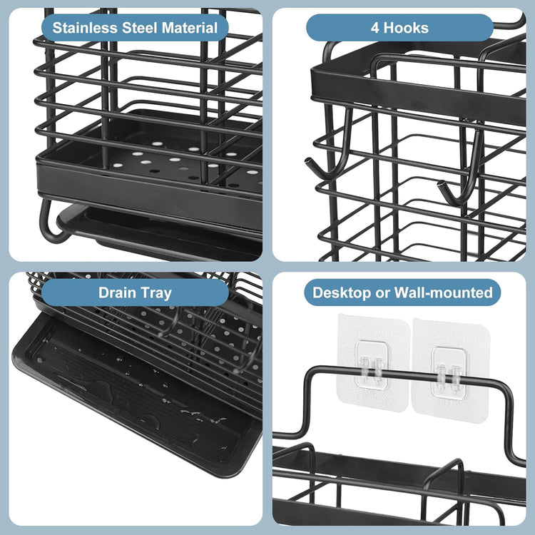 Utensil Holder, Stainless Steel Utensil Drying Rack with Drain Tray, Kitchen Counter Drainer Basket Silverware Cutlery Flatware Holder Forks, Knives, Spoons, Chopsticks Organizer (Black)