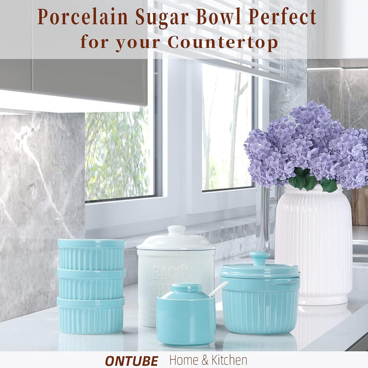 ONTUBE Ceramic Sugar Bowl with Lid and Spoon,Porcelain Seasoning Box Salt Bowl,8oz (Turquoise Blue)