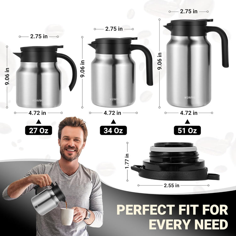 34Oz Thermal Coffee Carafes For Keeping Hot/Cold, Stainless Steel Coffee Carafe, Dustproof Insulated Water Carafe for Party/Home,Silver