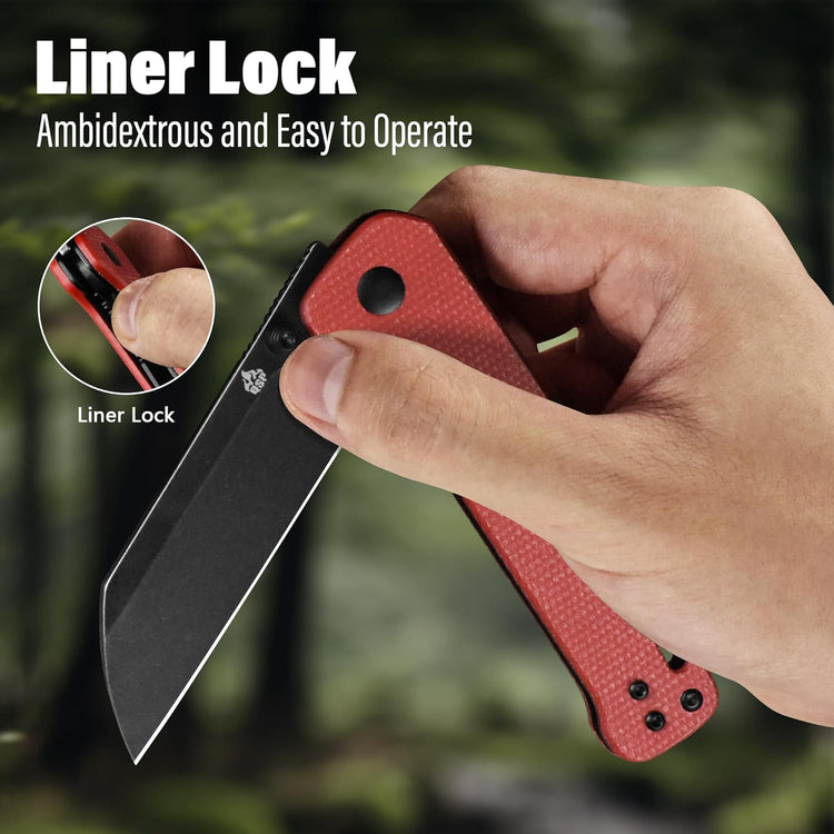 QSP Penguin V2 Folding Pocket Knife, 3.06" D2 Black Stonewash Blade EDC Knife, Red Micarta Handle, Liner Lock, Ceramic Ball Bearings, Reversible SS Deep Carry Clip
