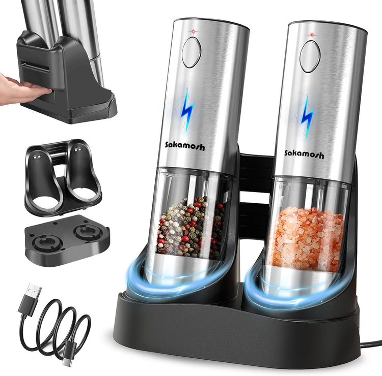 Electric Salt and Pepper Grinder Set USB Rechargeable Base, Stainless Steel Automatic Pepper and Salt Shakers with Adjustable Coarseness, LED Light, Ideal Gifts for Housewarming, Parents, Friends