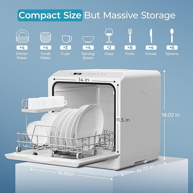 EUHOMY Countertop Dishwasher Portable with 6 Programs, 5L Built-in Water Tank for Apartments, 167โ High-Temp, No Hookup Needed, Mini Dishwasher with Baby Care, Air Dry/Quick/ECO/Fruit/Normal, White