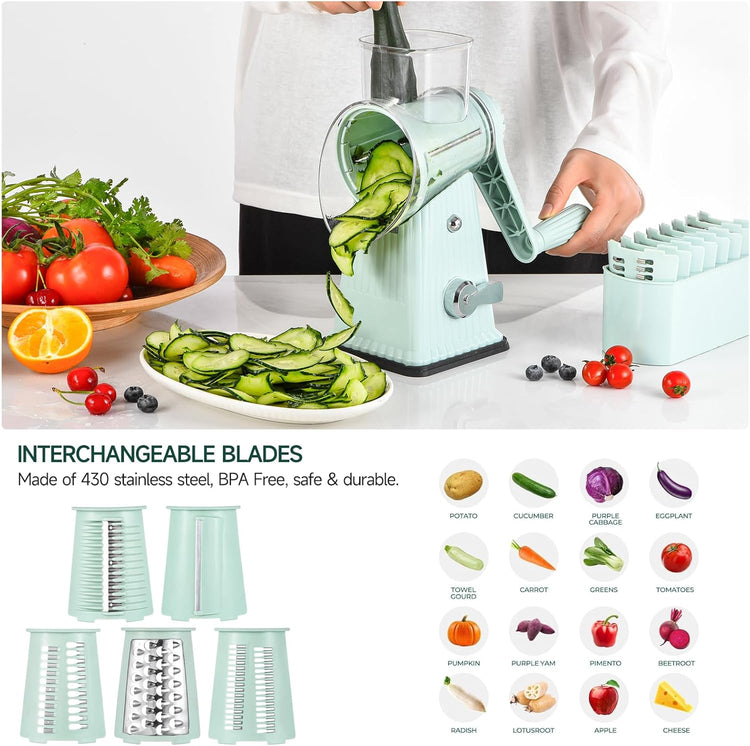 Rotary Cheese Grater, Vegetable Shredder 5 in 1 Cheese Grater with Handle edder Reinforced Suction,Easy to Clean,Kitchen Chopper for Crushed Ice,Fruits and Nuts with Blade Storage Case(Green)