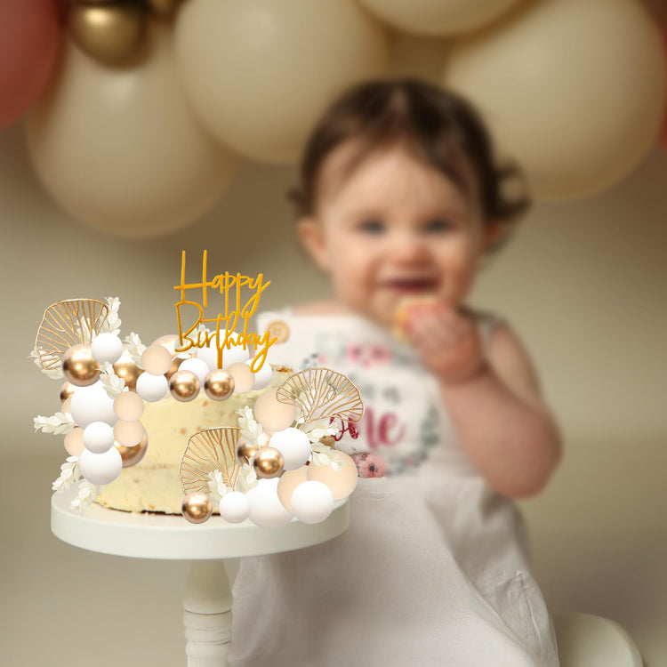 57Pcs Khaki Balls Cake Topper Boho Grass Cake topper Pearl Balls Acrylic Happy Birthday Cake Decorations for Wedding Baby Shower Birthday Boho Themed Party Supplies Khaki White Gold (57 Count)
