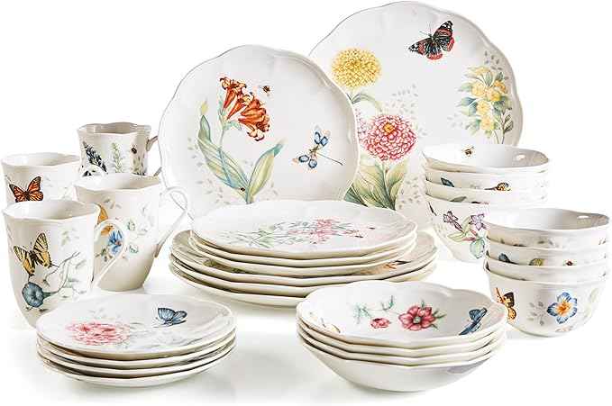 Lenox Dinnerware Set, Butterfly Meadow 28-Piece Set, Service For 4, Porcelain Plates With Scalloped Edges, Plates And Bowls Sets, Microwave Safe, Dishwasher Safe, Home & Kitchen (28 Piece, Assorted)