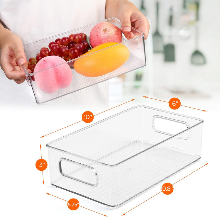 LotFancy Refrigerator Organizer Bins, 4 Pack,10x6x3 in, BPA Free Clear Plastic Storage Bins for Pantry Organization, Stackable Containers with Handles for Fridge, Kitchen Drawer, Freezer, Cabinet