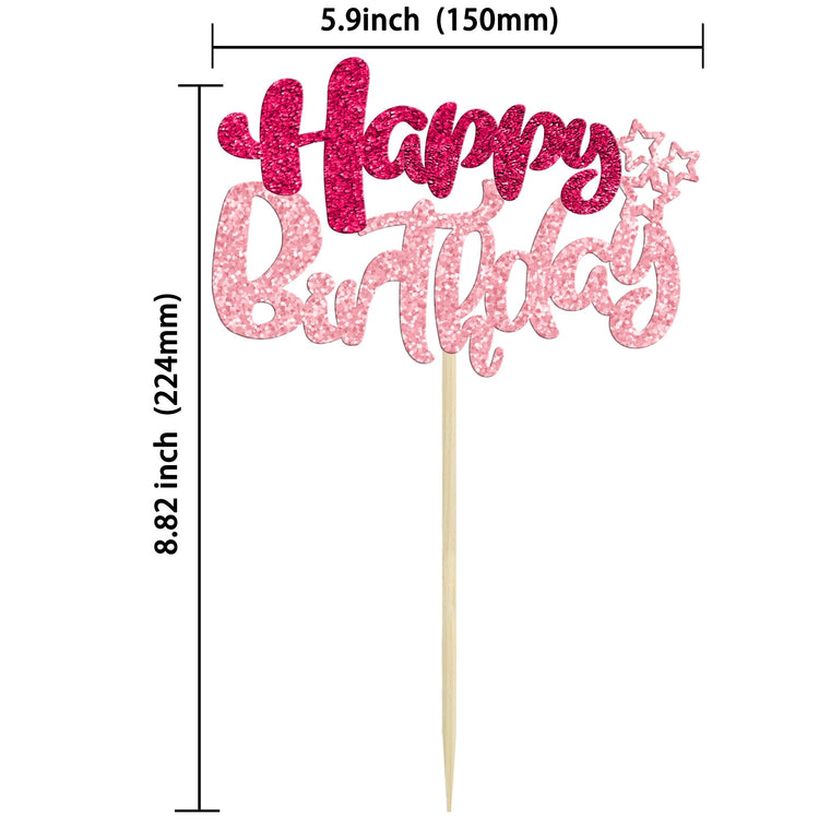 24Pcs Happy Birthday Cupcake Toppers Double Layer Glitter Happy Birthday Cake Decorations for Celebrating Baby Shower Theme Kids Boys Girls Birthday Anniversary Party Supplies Rose Red Pink (24 Count)