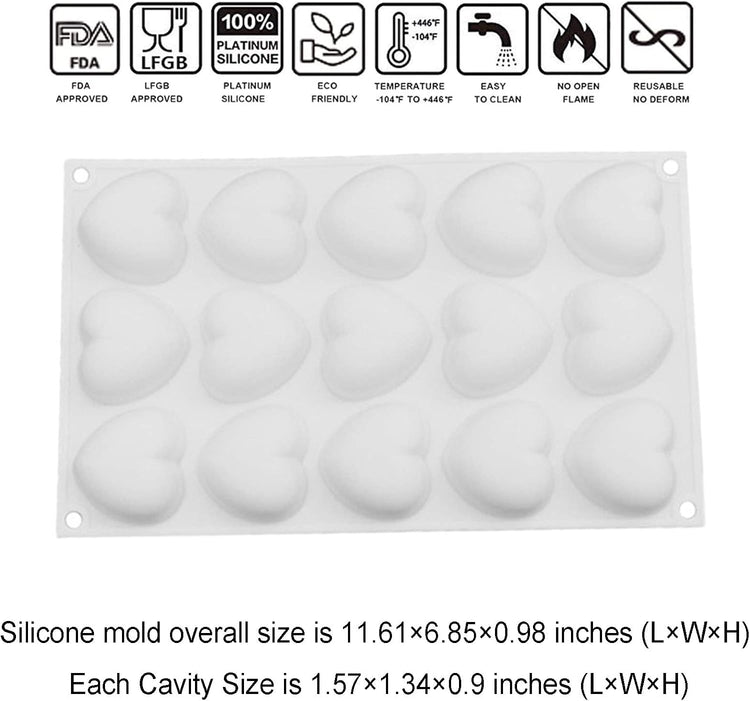 OCPO KITCHEN Mini Heart Silicone Molds for Baking Mousse Cake, Candy, Chocolate, Pastry, Truffle, Cupcake, Jelly, Cookie, Pudding, Cake Decoration Mold, 3D Heart Shape (15-Cavity)