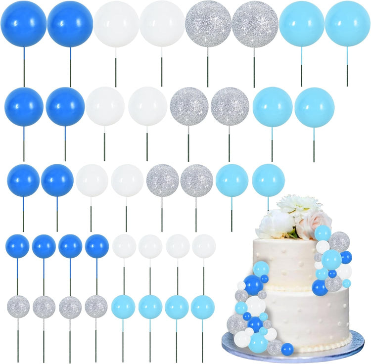 BEISHIDA 40 Pcs Foam Ball Cake Toppers with Sticks Mini Cake Decorations for Birthdays, Boys Party, Baby Showers, DIY Baking Supplies, Winter Party (Blue,White,Silver)