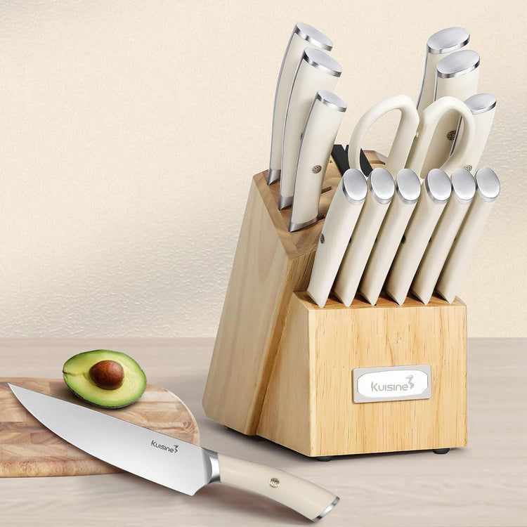 Kuisine Chef Knife Set,High Carbon Stainless Steel Block Knife Set,Knife Block Set with Built-in Sharpener,Sharp Knife Set Forged,Elegant Gift(Ivory,15pcs)