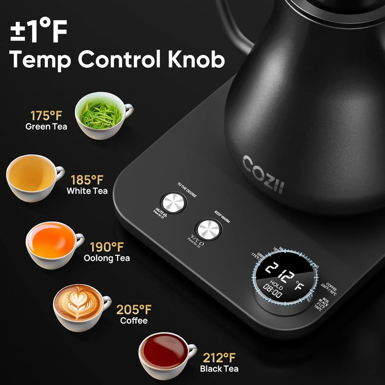 COZII Gooseneck Electric Kettle, 5 Presets & ±1℉ Temperature Control 1200W Quick Heating Water Boiler for Coffee/Tea, 24H Keep Warm, Auto Shut Off Pour Over Kettle with 50pcs Coffee Filter,0.9L Black
