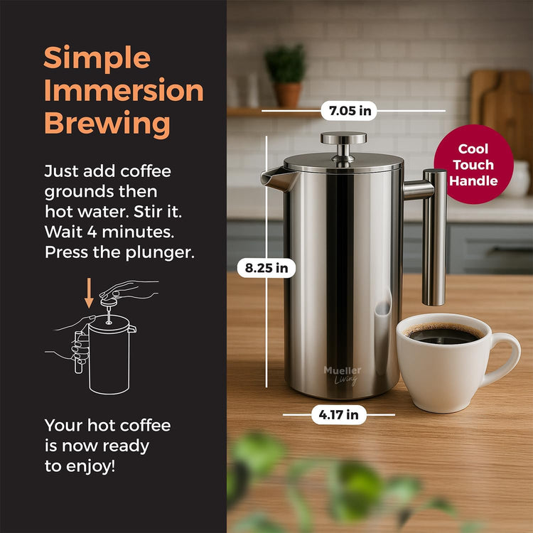 MuellerLiving French Press Coffee Maker 34oz, Stainless Steel French Press Coffee, 4 Filter Heat Resistant Double Insulated, Rust-Free, Food Grade, Dishwasher Safe Coffee Pot