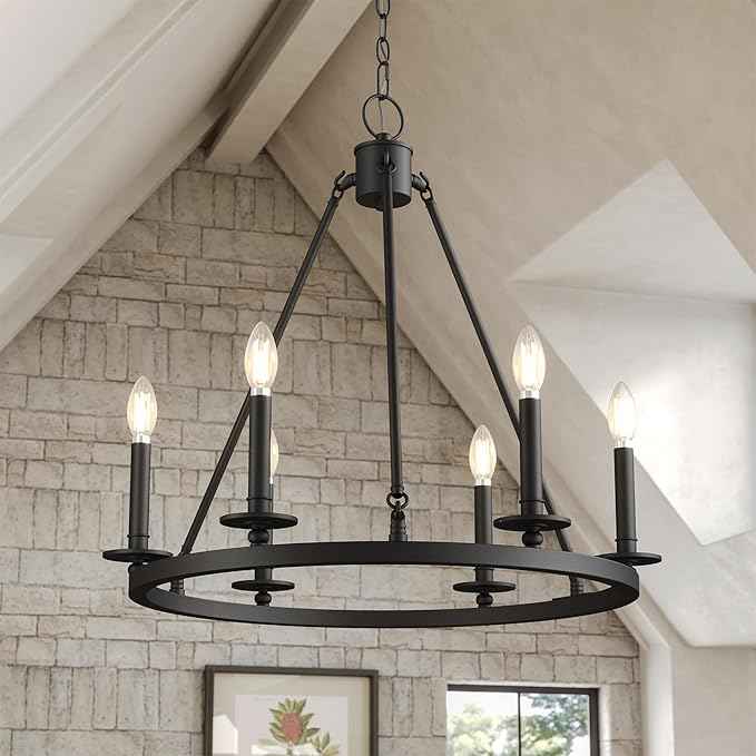 Tribesigns Wagon Wheel Chandelier 26" 6-Lights, Black Metal Rustic Ceiling Light Round Chandeliers Farmhouse for Farmhouse, Kitchen, Dining Room, Cabin Foyer, Entryway
